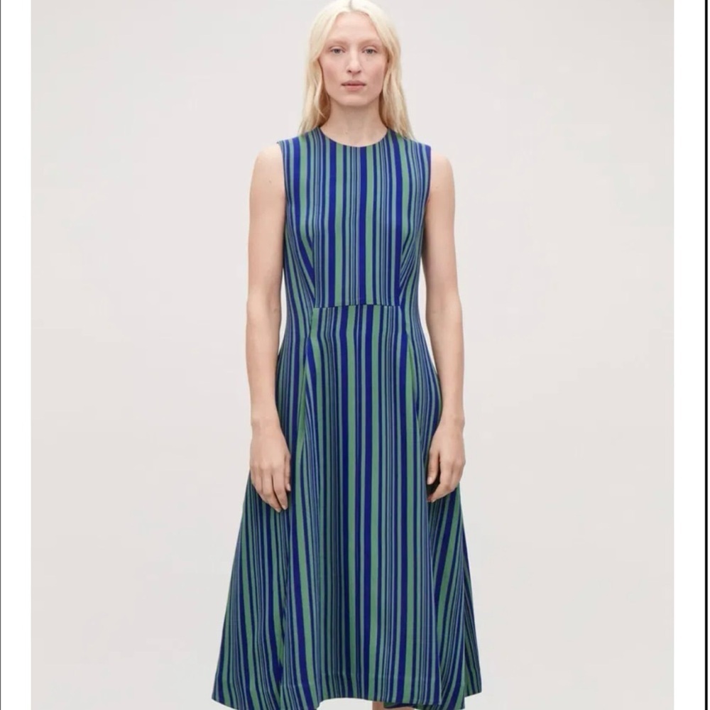 COS Sleeveless A-Line Dress Blue Green Stripe Pleated Size 6